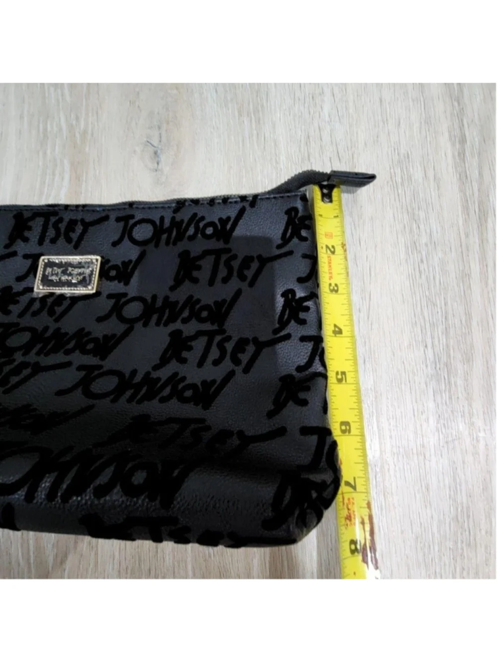 Betsey Johnson Clutch Bag Womens Small Black Logo Wristlet Faux Leather Zip